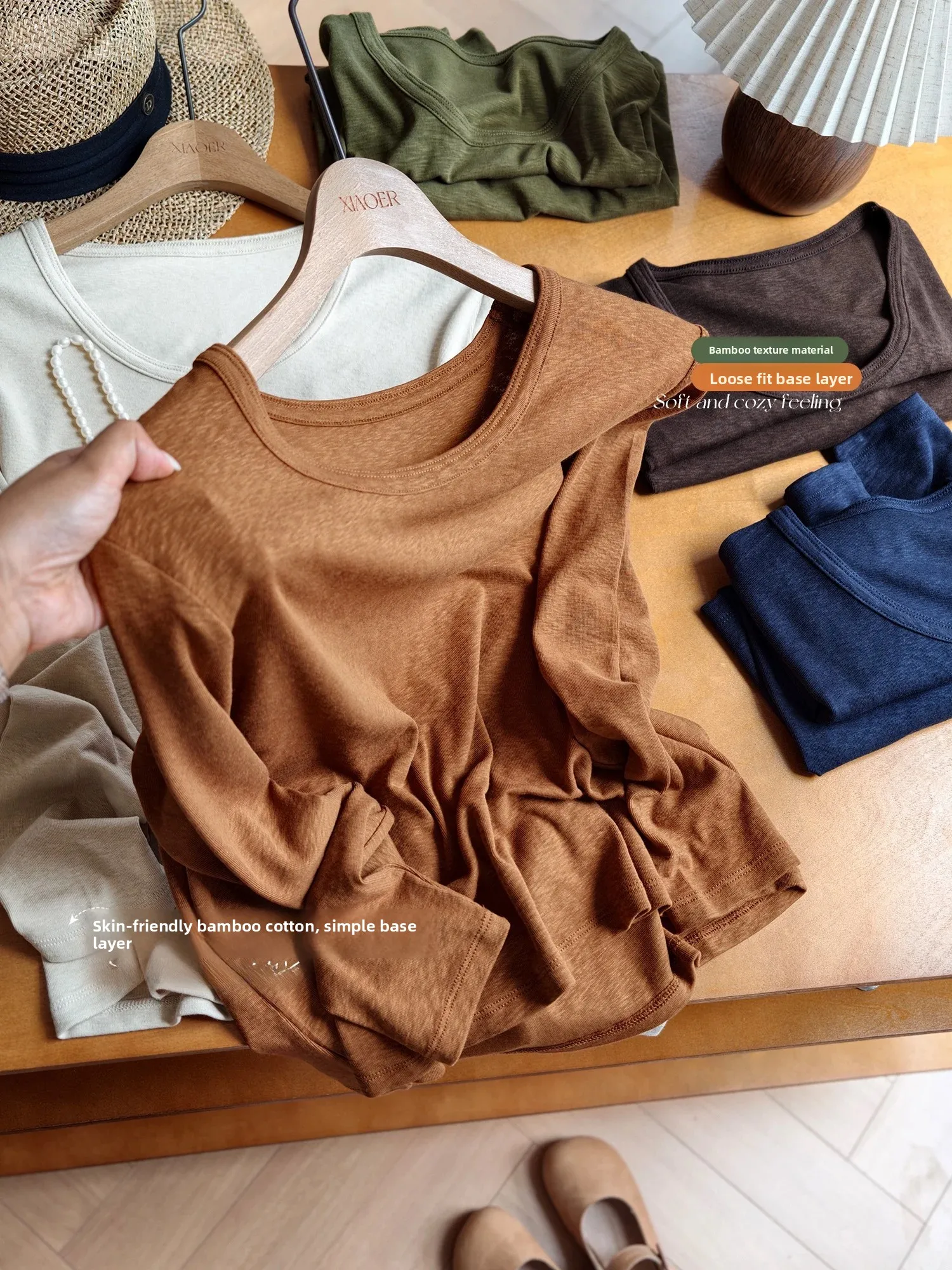 Skin-friendly Bamboo Texture Long Sleeve Base Shirt Double Layer Fixed Collar Casual Loose Fit T-shirt for Women