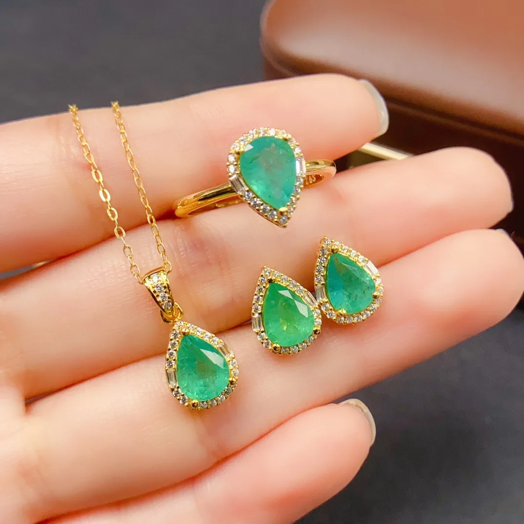 Natural Emerald Jewelry Set - Necklace Ring Earrings, S925 Silver Setting 6x8mm Main Stones, Luxury Gemstone Jewelry Gift