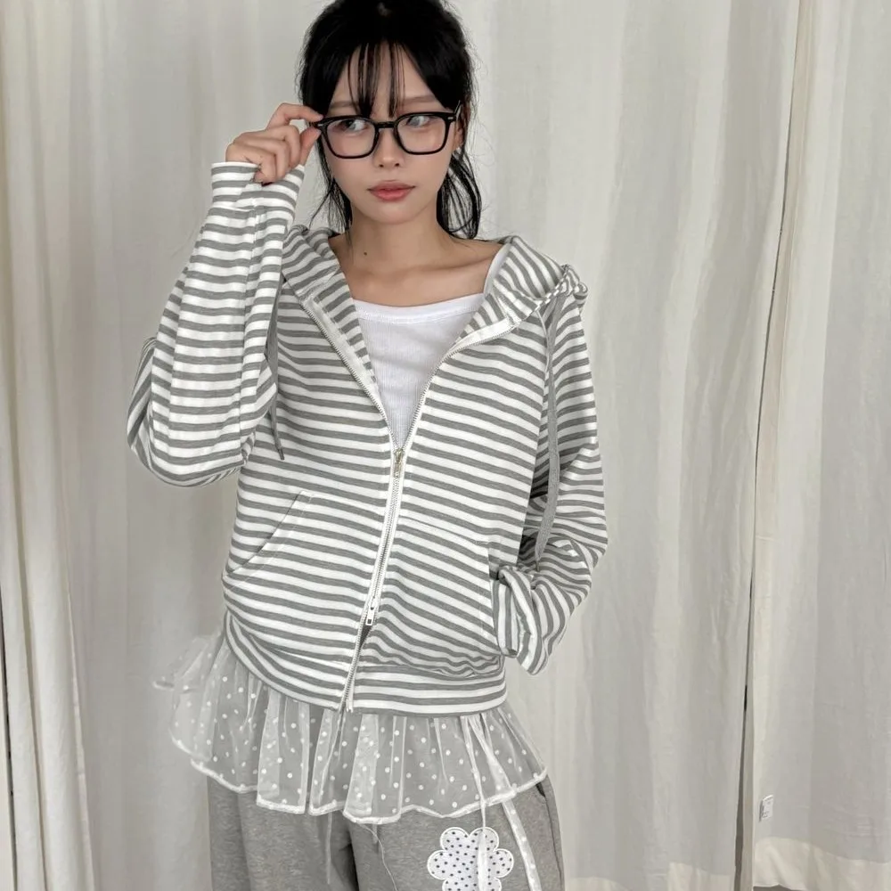 

Retro Striped Hoodie Casual Open Cardigan Jacket Spring 2026 Chic Fashion Versatile Korean Style Women's Sweatshirt Standard ...