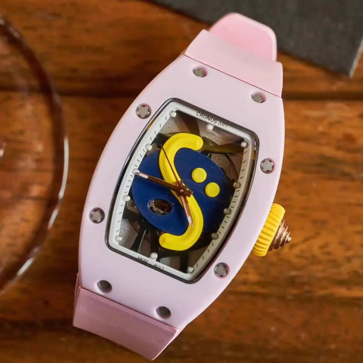CRONUSART Women Automatic Watch 31MM Tonneau Ladies Mechanical Wristwatch Ceramic Case Sapphire Mirror FKM Strap Luminous
