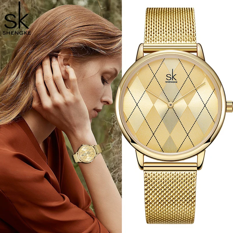 SHENGKE Original Design Womens Watches Fashion Golden Stainless Woman\'s Quartz Wristwatches Ladies Gifts Clock Relogio Feminino