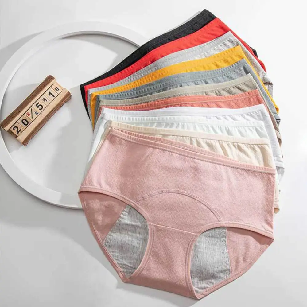 Cotton Menstrual Panties Middle Waist Breathable Period Briefs Solid Color High Elastic Leak Proof Underwear Daily Sports