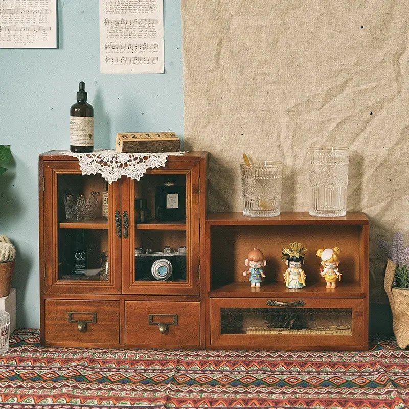 

Скандинавский твердый деревянный ретро-деревянный шкаф с двойной дверью, шкаф для хранения разных косметики, ящик для хранения, настольный ящик для хранения A