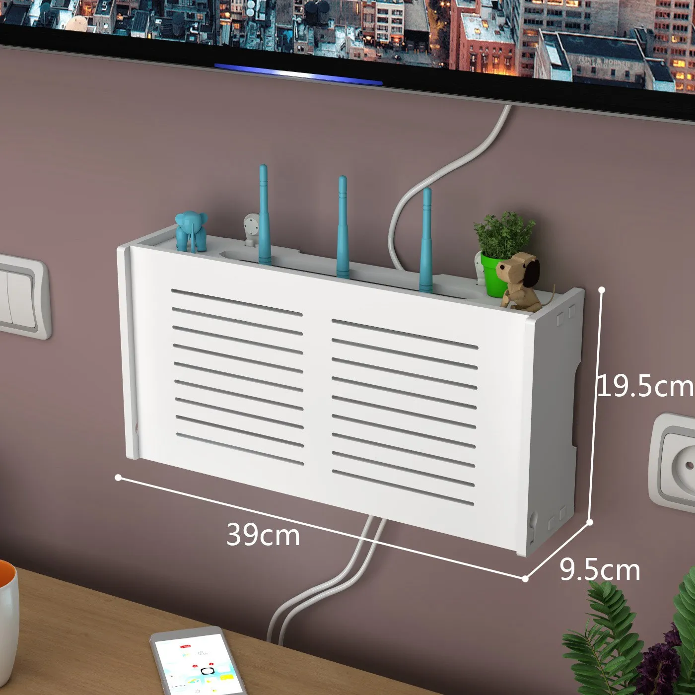 

A67K-Wifi Router Storage Box Wall Mounted Wireless Panel Shelf Plug Board Bracket Cable Organizer Home Decor