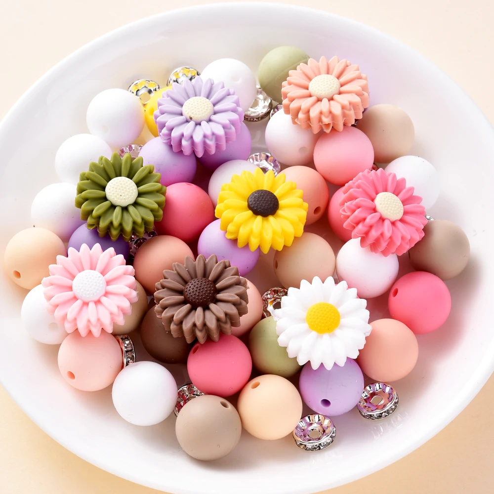 28Pcs Silicone Beads Set Daisy Loose Spaced Beads For DIY Baby Pacifier Chain Pendant Necklace Gift Accessories