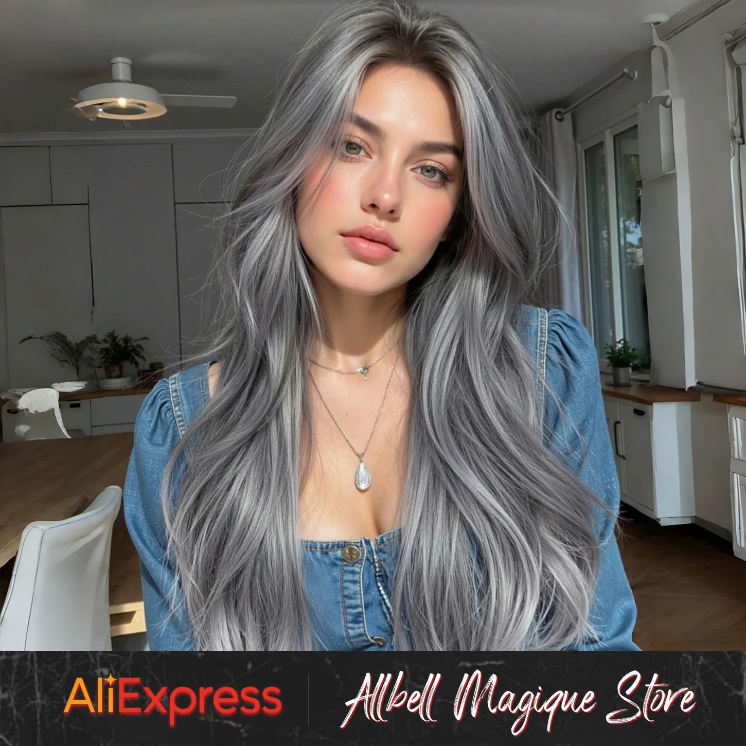 Gray Layered Synthetic Wigs for Women Long Wavy Layered Hair Wigs With Bangs Daily Cosplay Halloween Heat Resistant Fiber Wigs