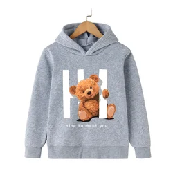 Hi Teddy Bear  Kawaii Girls Boys Print Hoodie Black Girls Baby Hoodie Fashion Harajuku Kids Sweatshirt Jacket Spring Tops