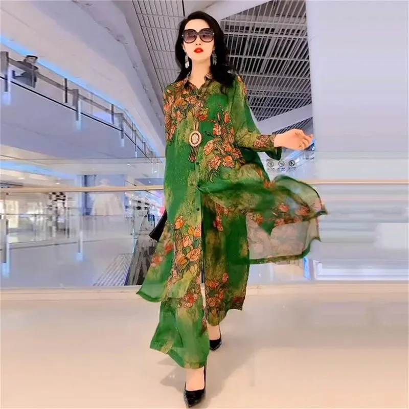 5XL Summer Sets Large Silk Wide Leg Trouser Set Women\'s Spring 2023 New Print Silk Fashion Slim Two Piece Set Female Elegant