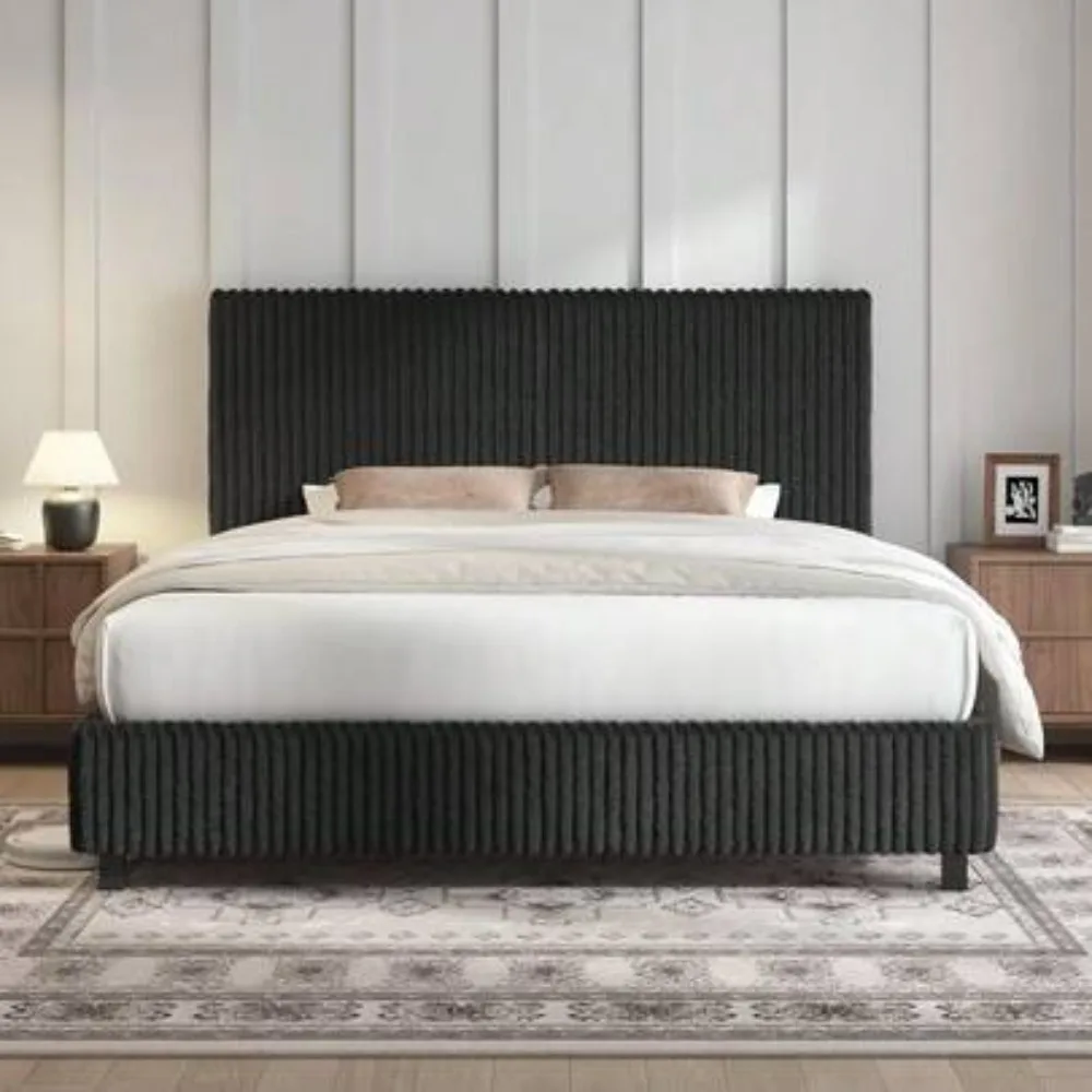 Twin Full Queen King Upholstered Bed Frame with Gap Free 3.5 Inch Thick Headboard Corduroy Platform Bed Fully Padded Design with Metal Slats No Box Spring Needed Sturdy Support Easy Assembly Modern Bedroom Furniture
