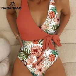 Nadanbao Sexy Bow One-Piece Swimsuit Women Intersect Tropical Printing Fashion Swimwear Female Beach Party Surfing Wetsuit