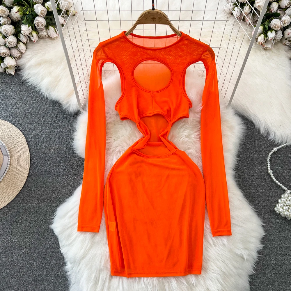 Fashionable Spicy Girl Sexy Long Sleeve Waist Holllow Mesh Dress  Women Sexy See Through Slim Fit Mesh Bottom Dress Autumn