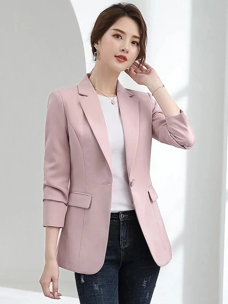 Pop Pop ผู้หญิง Blazer เกาหลี Casual Slim Blazers แจ็คเก็ตทํางานเสื้อแจ็คเก็ตแฟชั่นฤดูใบไม้ผลิฤดูใบไม้ร่วงอาชีพหญิงเสื้อสํานักงาน Lad
