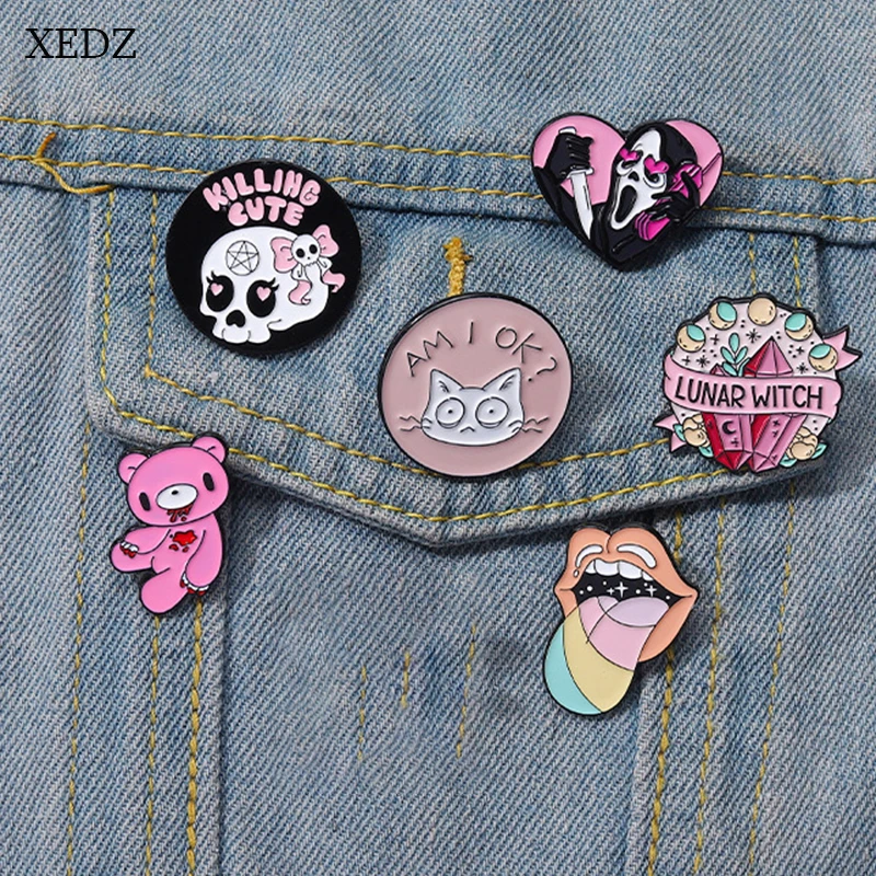 XEDZ Pink Crystal Enamel Pins for Women Cute Bear Rainbow Tongue White Cat Badge Skull Demon Brother Special Pin Girls Jewelry