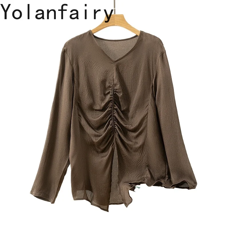 

YOLANFAIRY 100% Mulberry Silk Bubble Crepe Blouses for Woman Elegant 2025 V-neck Pleated Long Sleeve Tops Loose Blouse Vrouwen