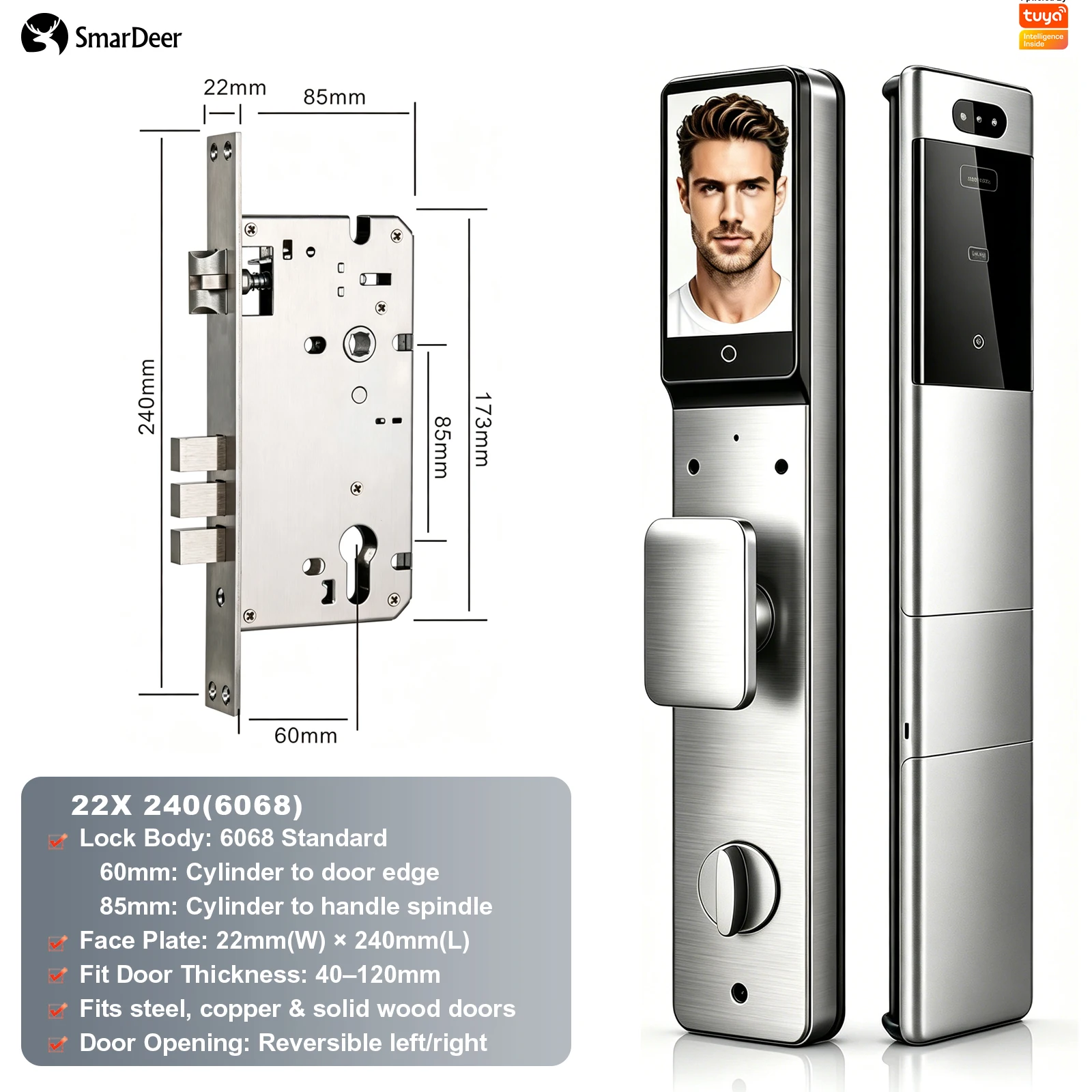 SmarDeer Smart Deurslot 3D Gezichts- en palmaderherkenning IP66 Waterdicht Ultradun elektronisch slot voor huisbeveiliging voordeur