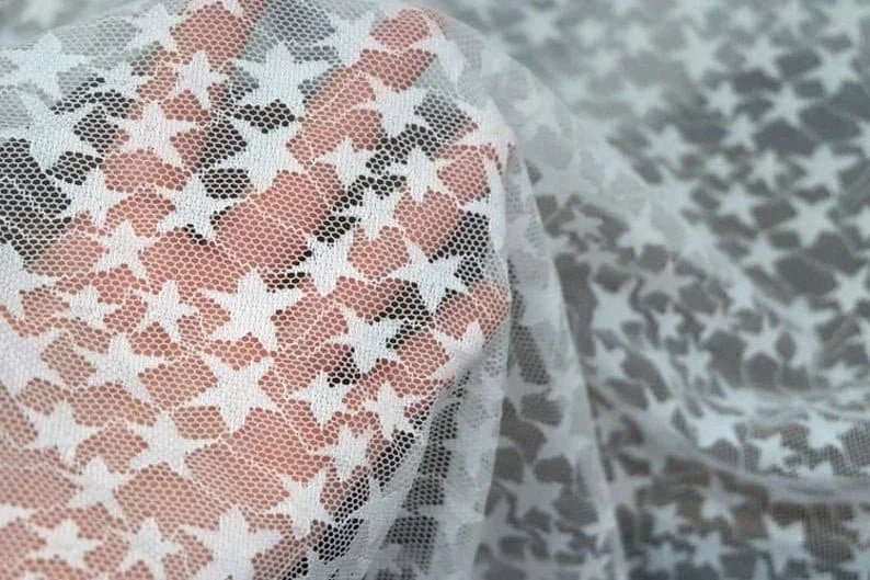 Black White Soft Star Embroidery Lace fabric Star Stretch Tulle Fabric For Girl Dress Wedding Dress Bridal Veil 1 Yard