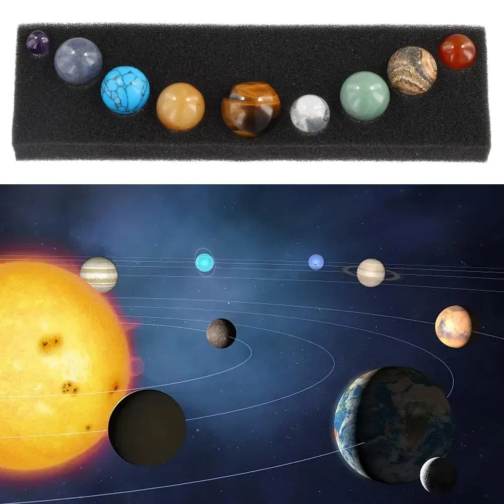 Bola de planeta hecha a mano, Cuenta de piedra de planeta realista, Bola de 9 planetas, Sistema Solar, roca con caja de madera, piedras de cuarzo