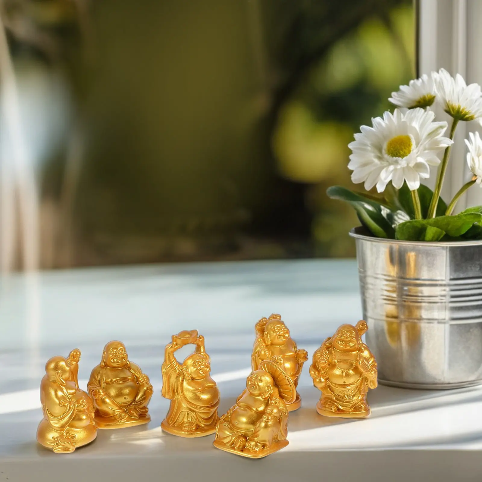 6Pcs Resin Laughing Buddha Statue Mini Tranquility Sculpture Decorative Wealth Statue Feng Shui Symbol for Living Room Desk