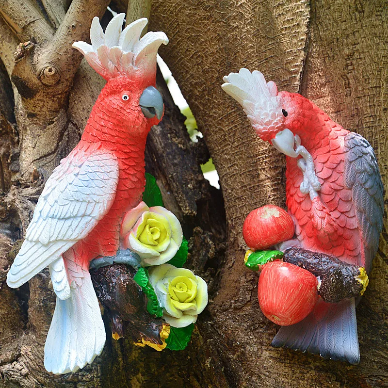 Cute Cockatoo Resin Parrot Tree Wall Mount Outdoor Garden Decoration Statue Animal Sculpture For Home Office Room Decor Ornament