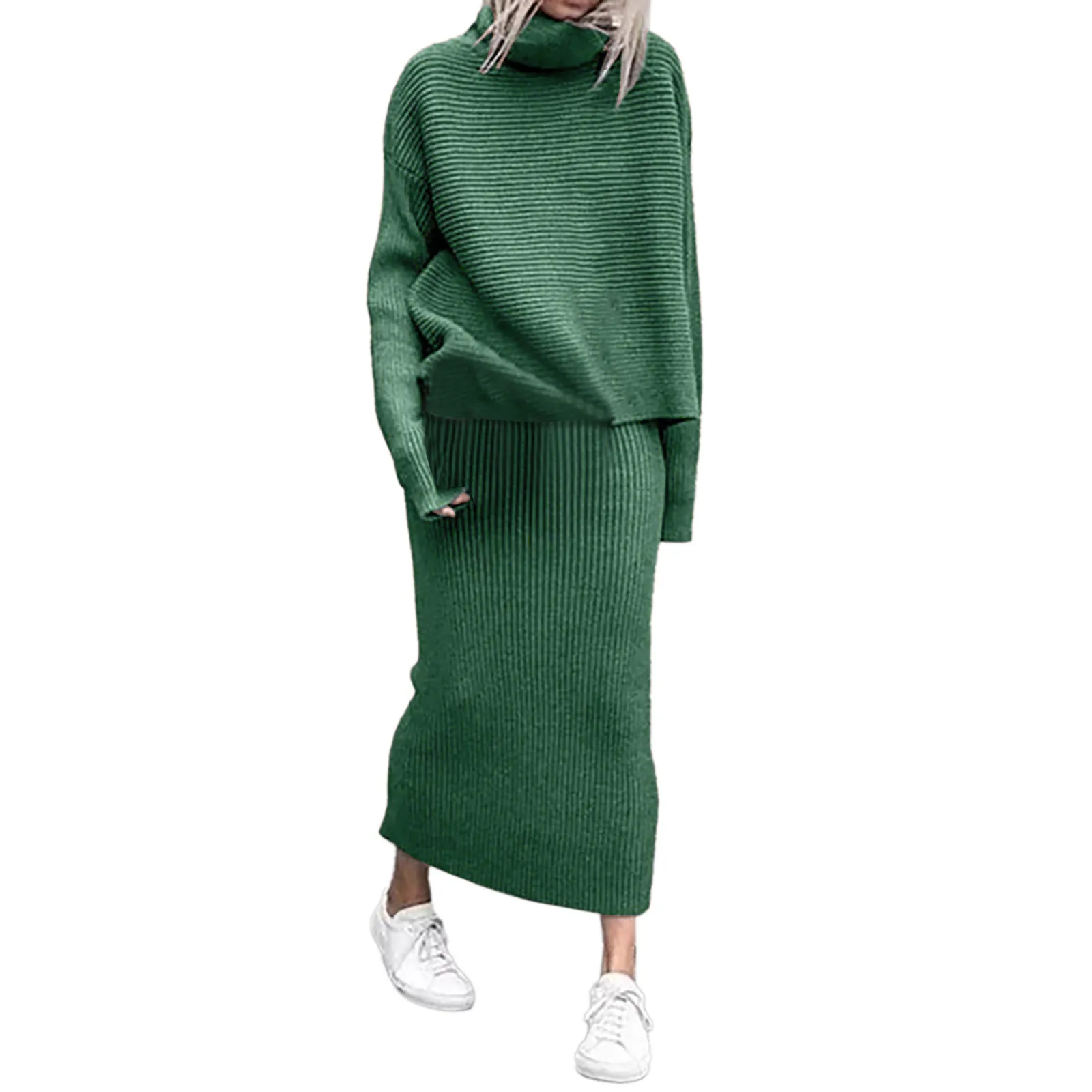 Two Piece Skirt Sets Knit Sweaters Spliced Full Sleeve Turtleneck Long Skirts Suits A Line Matching Set Solid Loose Fit Sports