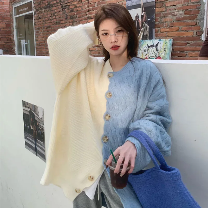 

French Fashion Color Contrast Patchwork Sweater Single Breast Button Long Knitted Cardigan Blue&white Loose Casual Tops Jumper