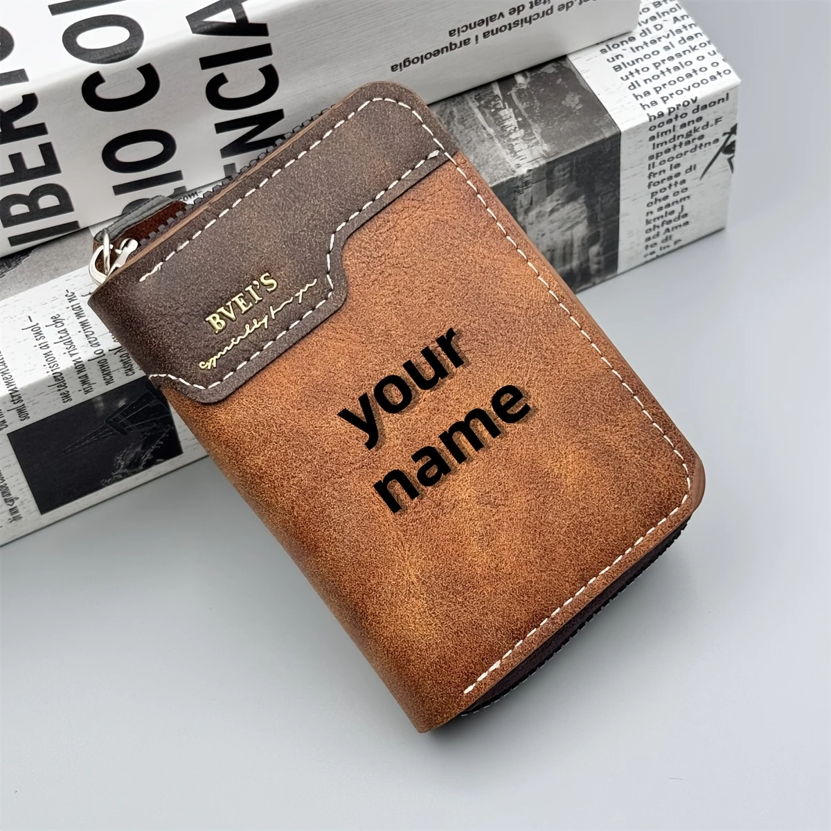 Customized Name Engraving Men Wallet Short Zipper Card Holder Male Coin Purse Vintage Brand Organ Clip Wallets Father's Day Gift