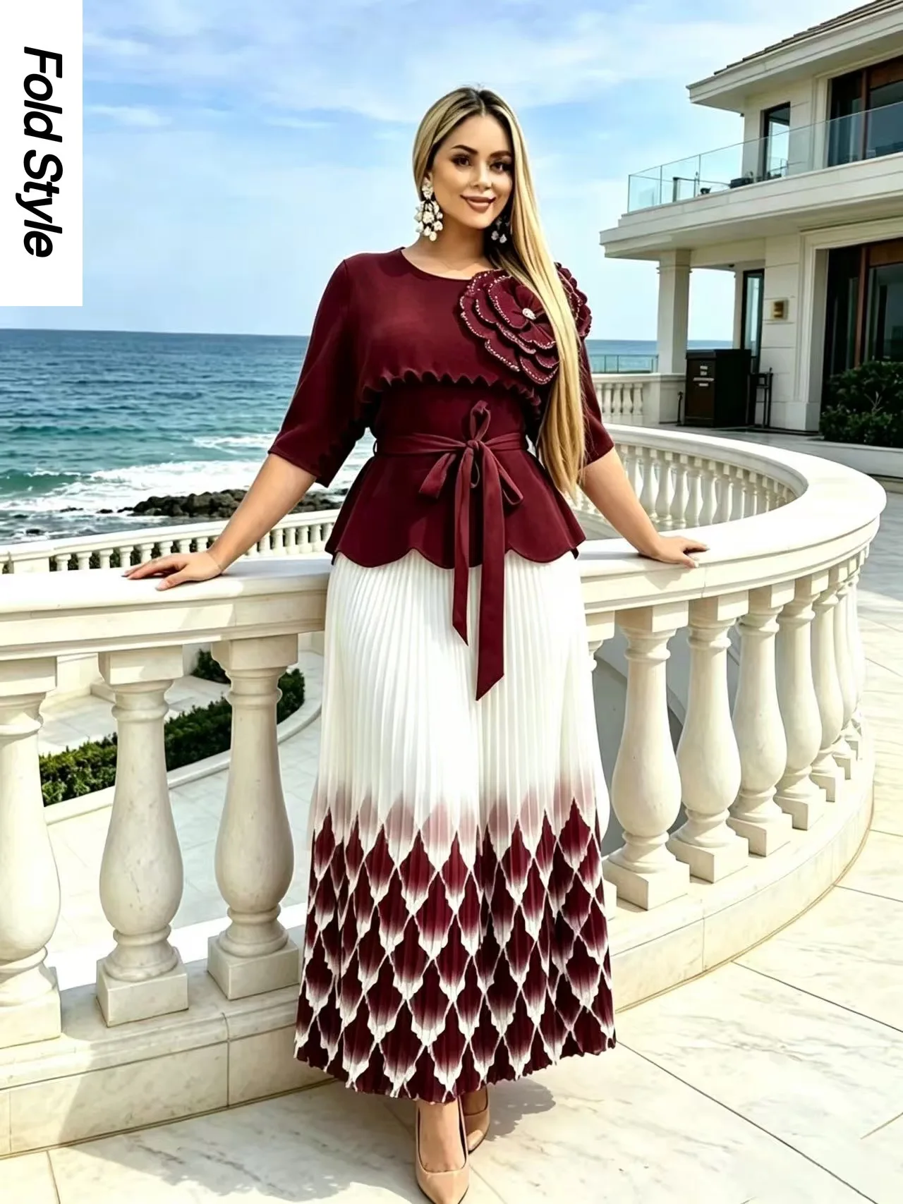 2026 New Miyake Printing Bat Sleeve Gradual Change Heavy Industry Two-piece Set Irregular Top Skirt Suit Women