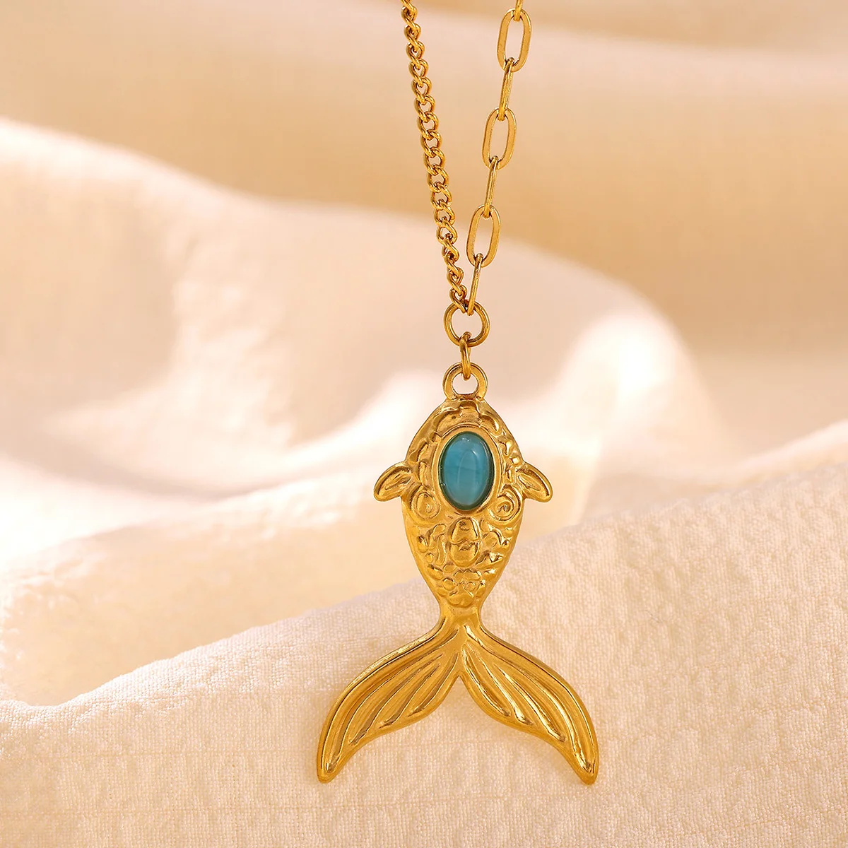Retro Naturstein Fisch Anhänger Halskette für Frauen Edelstahl Meeres-Tier Charm Schlüsselbein-Kette Boho Schmuck Geschenke