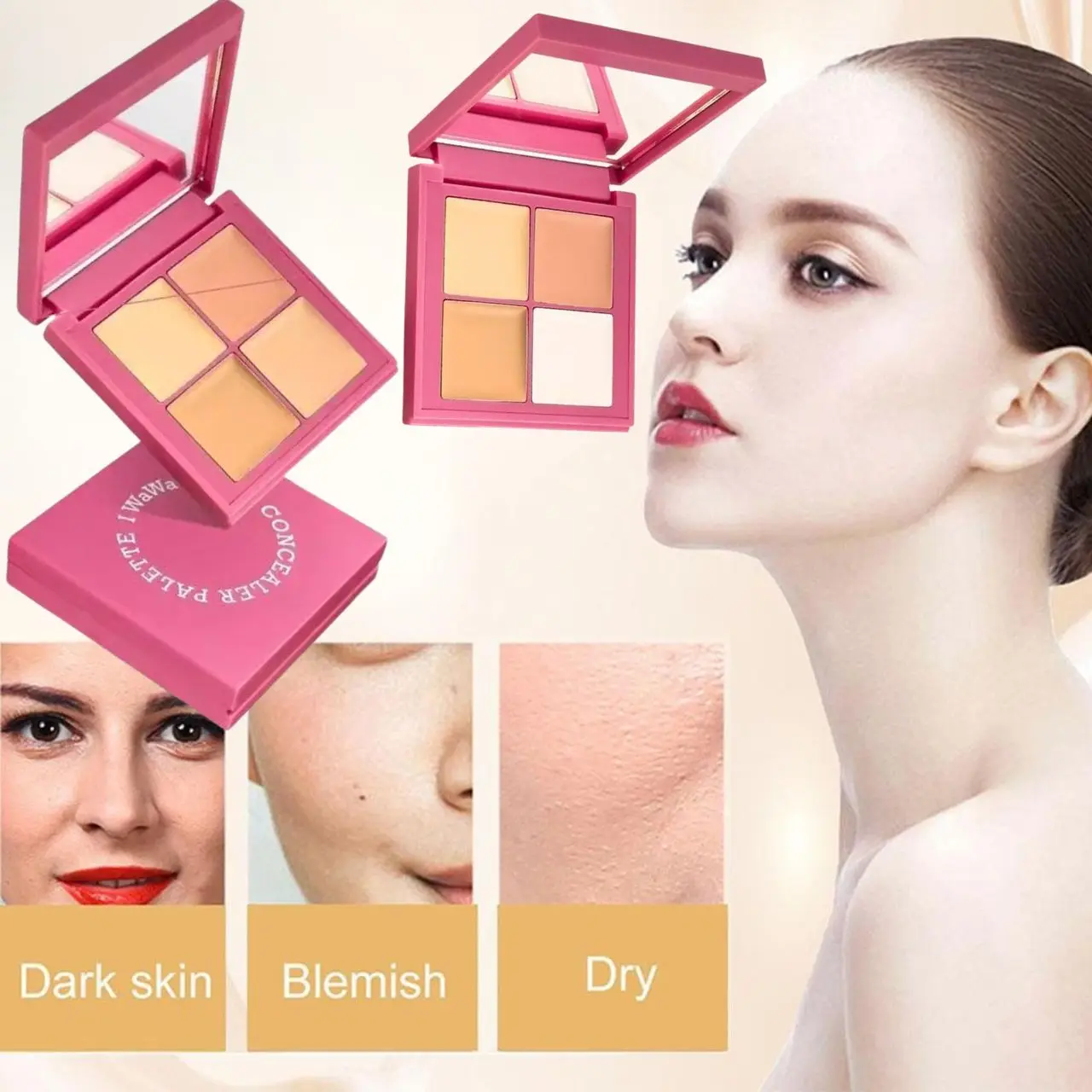 Uniwersalna paleta korektorów czterokolorowych kryjąca cienie pod oczami, rozjaśniająca i wyrównująca koloryt skóry, nawilżająca, długotrwała, naturalny krem-korektor.