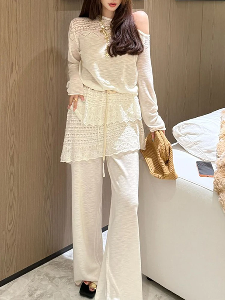 

Summer Lace Shoulder Bridesmaid Outfit Women's High Waist Casual Pants Breathable Fashion Set Two-Piece Suit round Neck T-Shirt