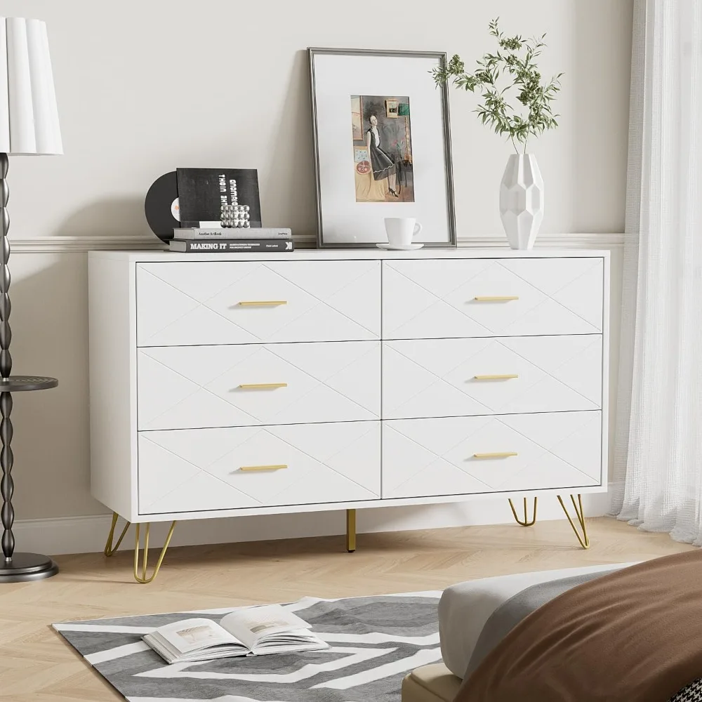 White Dresser for Bedroom, Modern Bedroom Dresser with 6 Deep Drawers, Wide Chest of Drawers with Gold Handles for Living Room