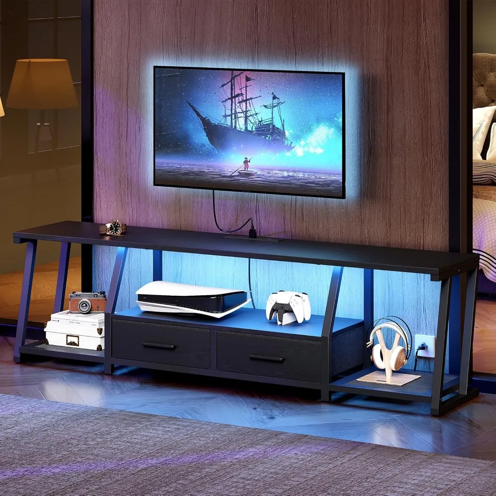 

TV Stand with Fabric Drawers for 80 Inch TV, Entertainment Center with Power Outlets and Open Storage Shelves, Industrial