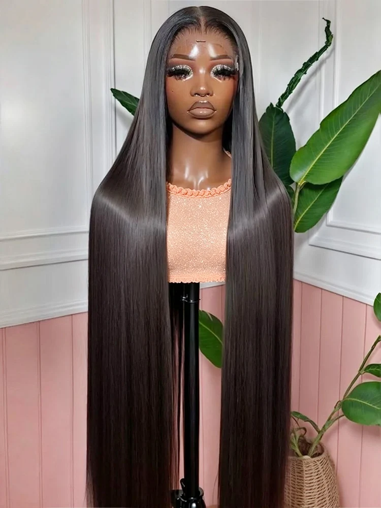Peluca de cabello humano vietnamita, lisa y sin rizos, de 40 a 46 pulgadas, 100 % cabello virgen y sedoso, con encaje transparente HD de 13x4 o 13x6, para mujeres de piel oscura, densidad 300, peluca lisa y suave de 360 grados, con línea de cabello natural predefinida. ﻿