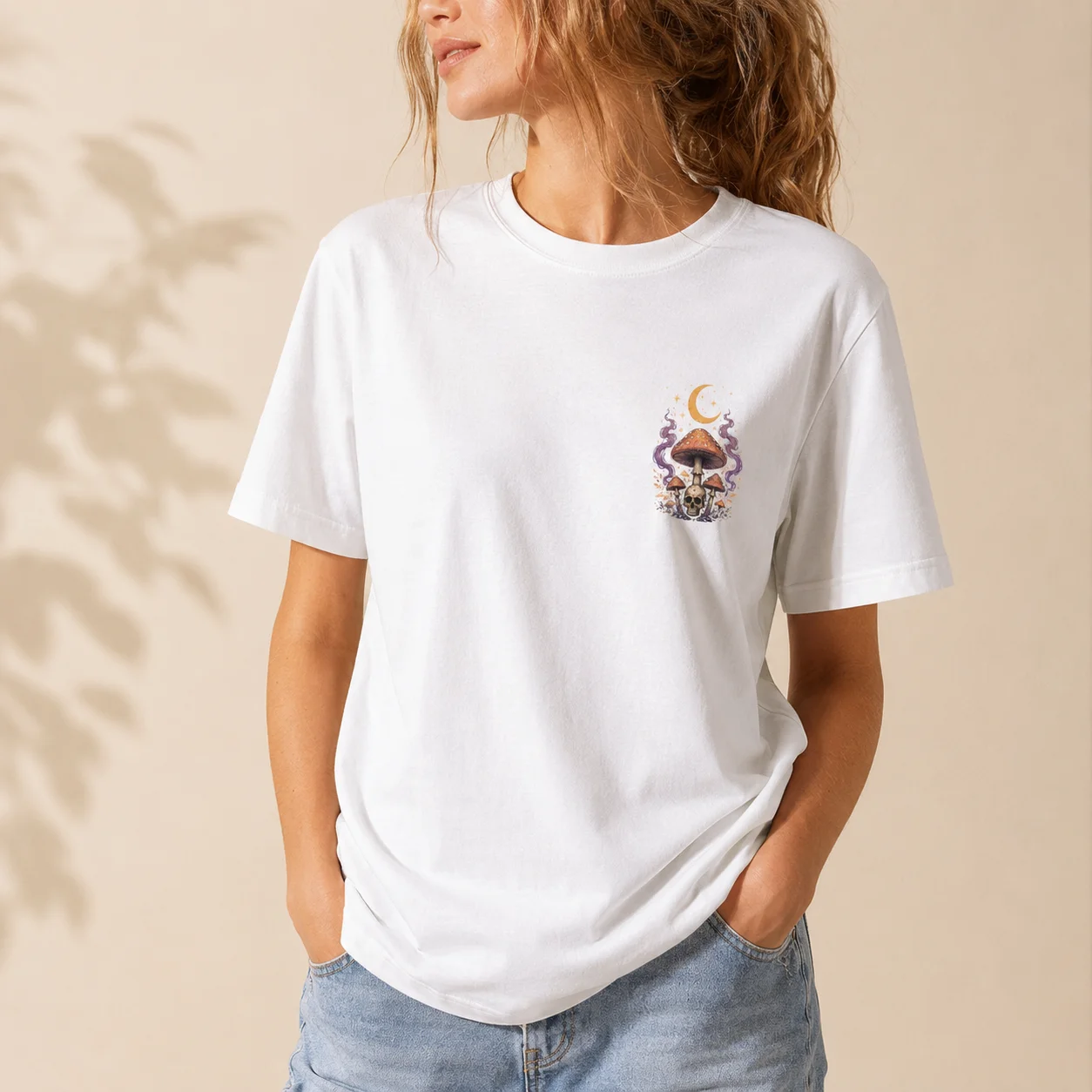 Unisex Halloween Botanical Skull Graphic T‑Shirt Short Sleeve 100% Cotton Tees Fashion Magic Mushroom Holiday Party Cheer Shirts