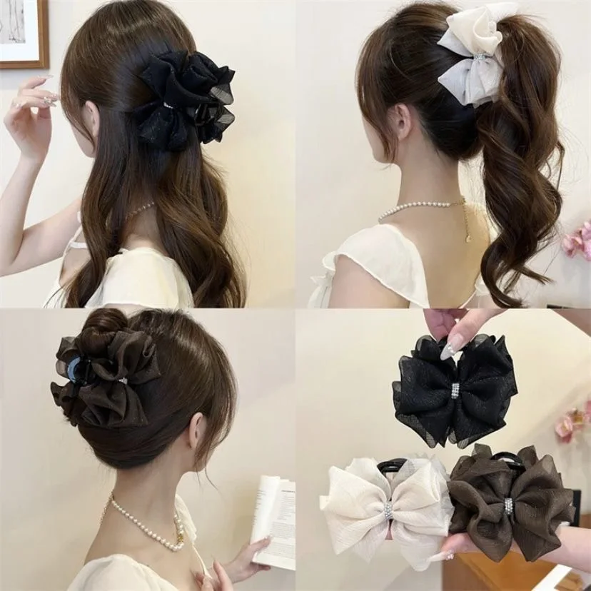 

Elegant Temperament Mesh Rhinestone Bow Hair Clip For Women Back of The Head Shark Clip Fashionable Girl Ponytail Hair Clamp