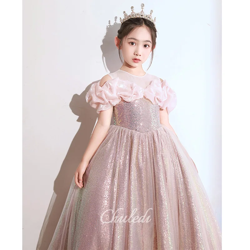 Blumenmädchenkleider, Rundhalsausschnitt, Volant, Perlen, Geburtstag, Prinzessinnenkleider