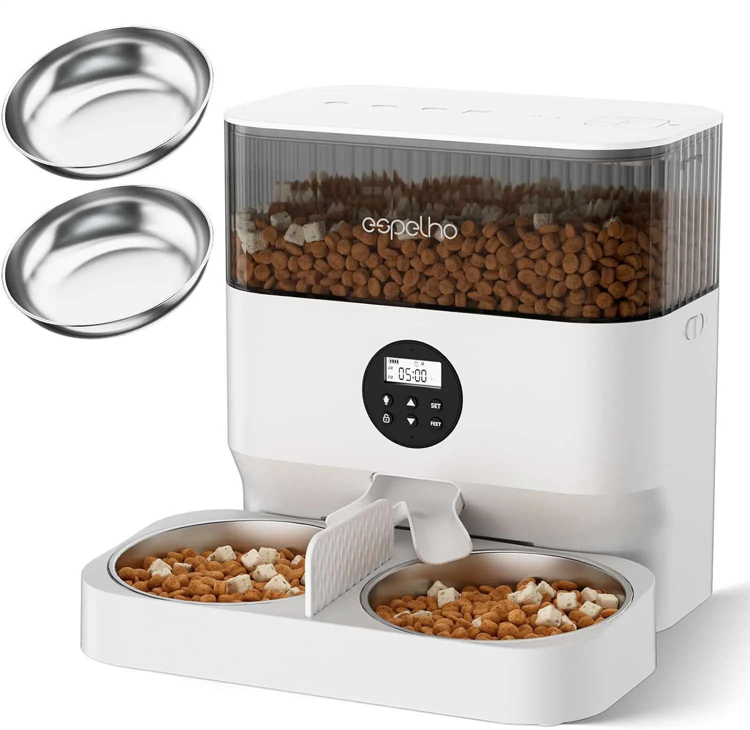 

Автоматическая кормушка для кошек для 2 кошек, дозатор пищевых продуктов с таймером 5 л и мисками из нержавеющей стали, программируемый контроль порций