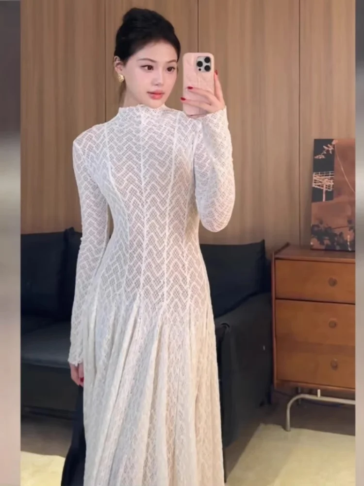 

Elegant See Through Dresses For Women Chic Slim Fit Crochet Long Sleeves Hollow Out Ruffle A-line Vestido New Summer Lady Gowns