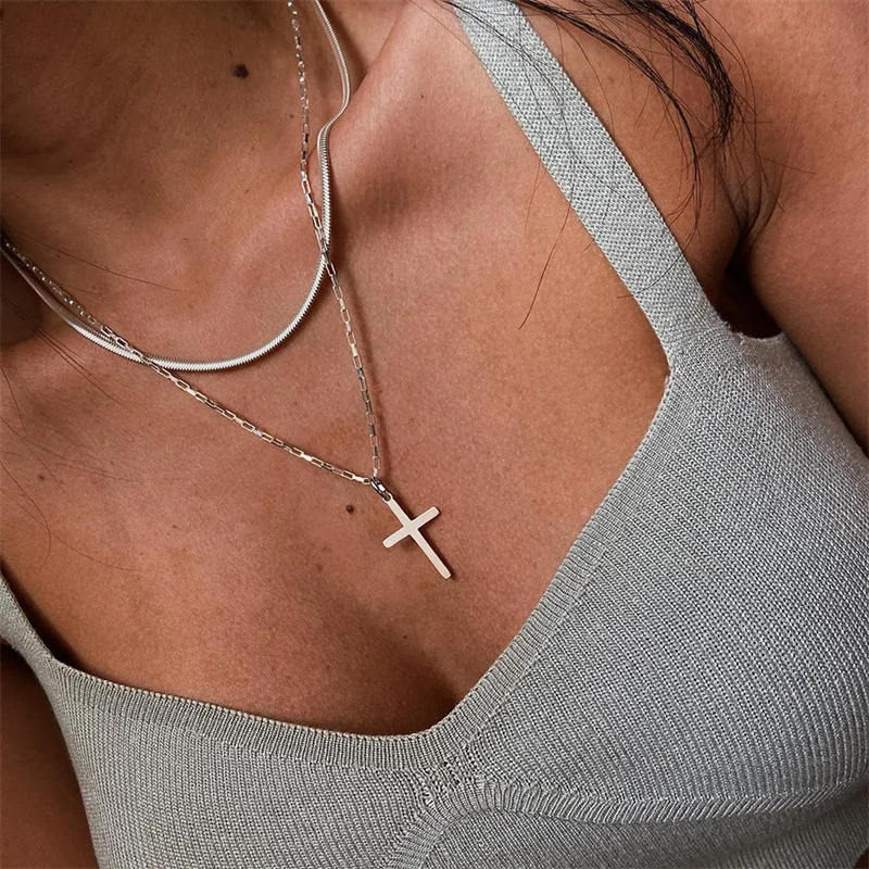 Vintage Cross Pendant Necklace for Women Men Double-Layer Silver Color Plated Simple Twisted Chain Jewelry Party Gift Wholesale