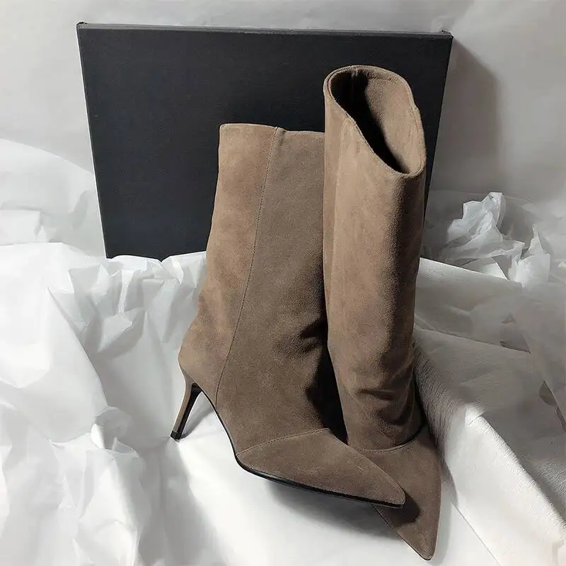 

High Heels Women Mid Calf Boots Pointed Toe Shoes Winter Sexy Dress Pumps Suede Chelsea Boots Warm Snow Boots Mujer Zapatos