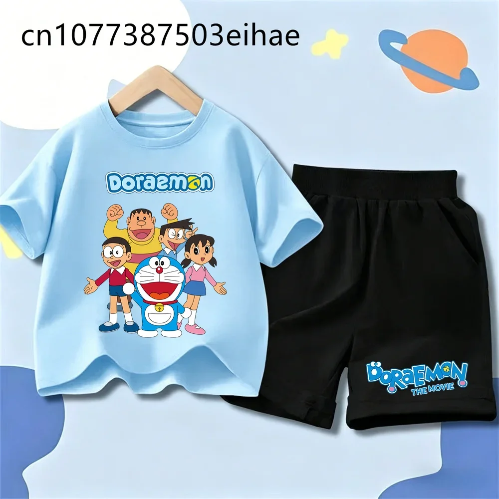 Doraemon Cartoon Print Kids 2-Piece Summer Outfit Short Sleeve Tee Sports Shorts Breathable Lightweight Outdoor Wear