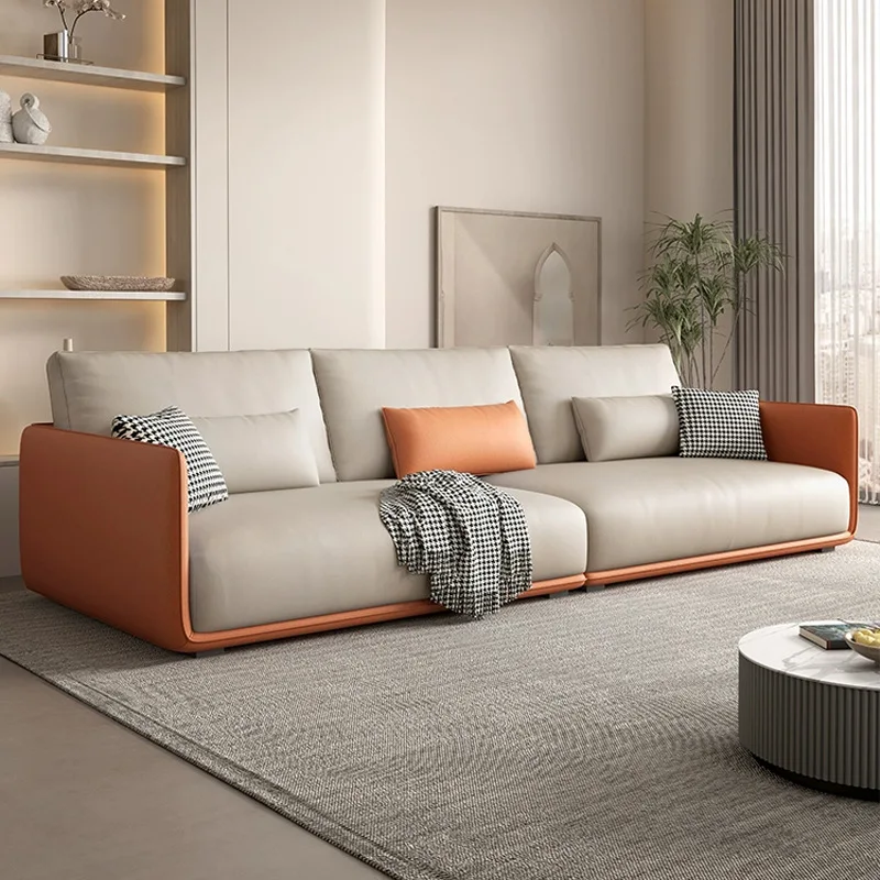 Trendy small apartment living room leave-in technology cloth sofa modern simple cream straight row fabric sofa cream style