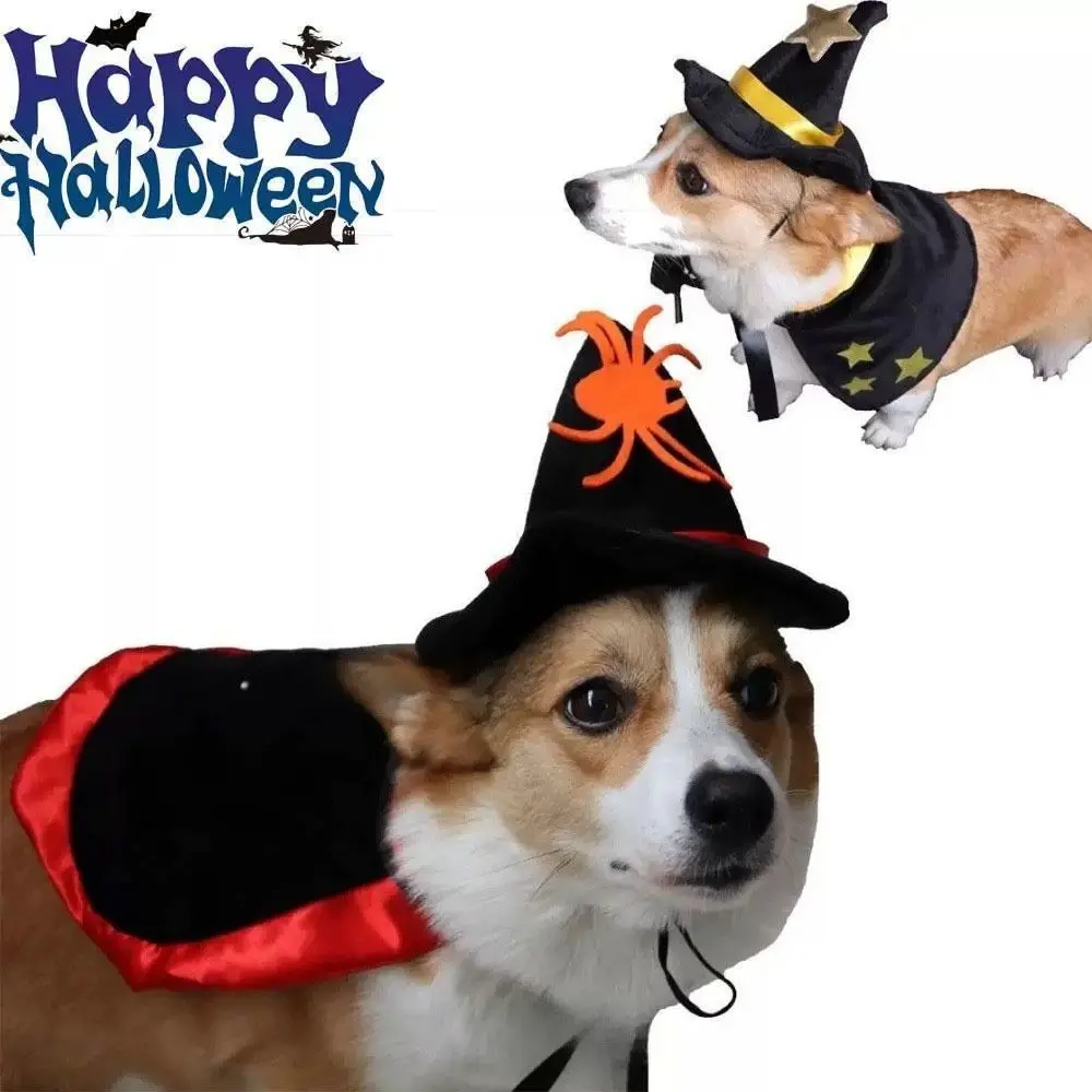 

Funny Star Halloween Pet Costume Stand-collar with Witch Hat Cat Cosplay Cloak Adjustable Bow Small Dog Knight Cape Small Dog
