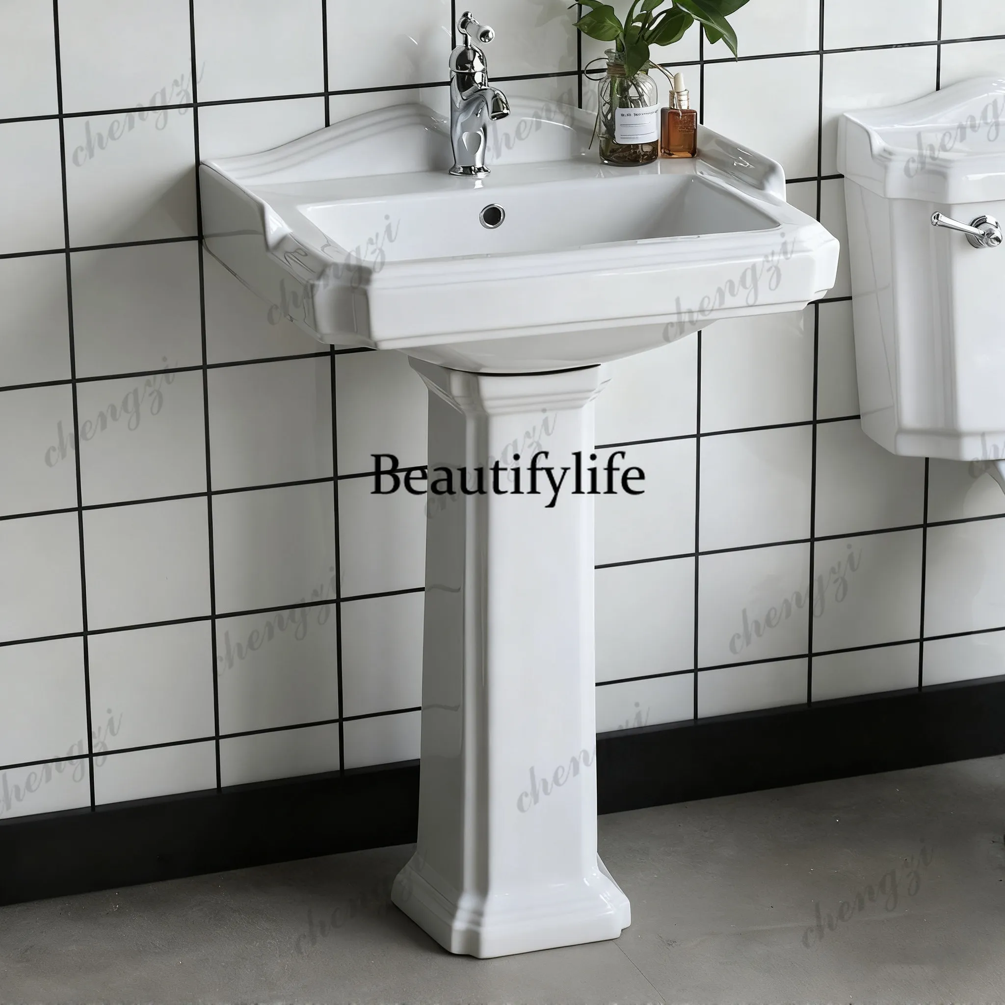 French cave stone pattern ceramic column basin B & B small apartment floor-to-ceiling wash basin
