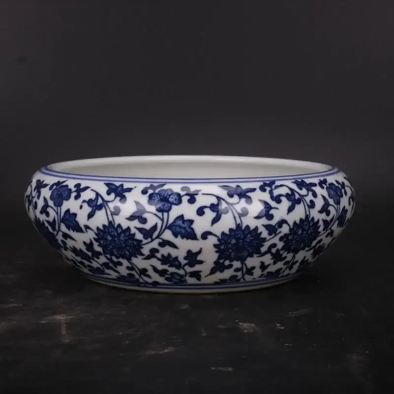 Ceramic Pen Washer Chinese Painting Calligraphy Pen Washer Bowl Blue and White Antique Shallow Water Qing Qianlong Lotus Pattern