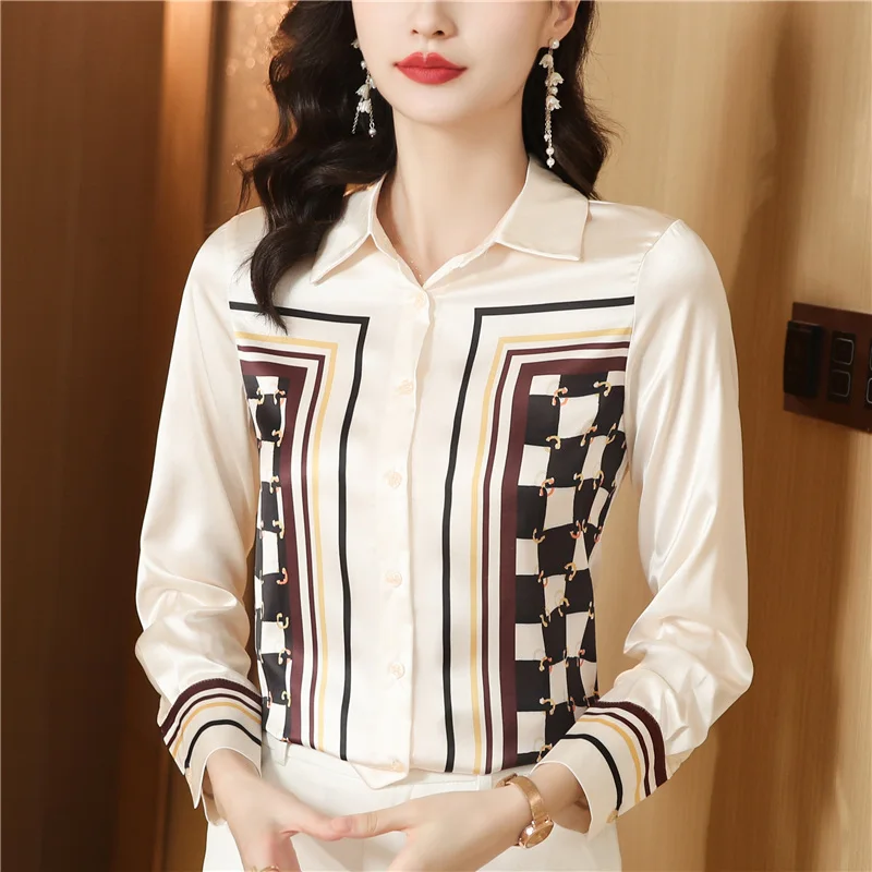 

Clothing Unique Print Color Block Twill Silk Shirt WomenLong Sleeve Top