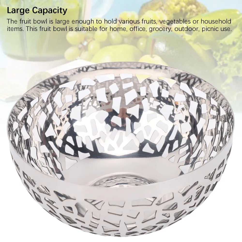 Rustless Steel Food Basket Mesh Hole Hollow Out Storage Basket Smooth Polished Round Frame Vegetable Basket Table Serving