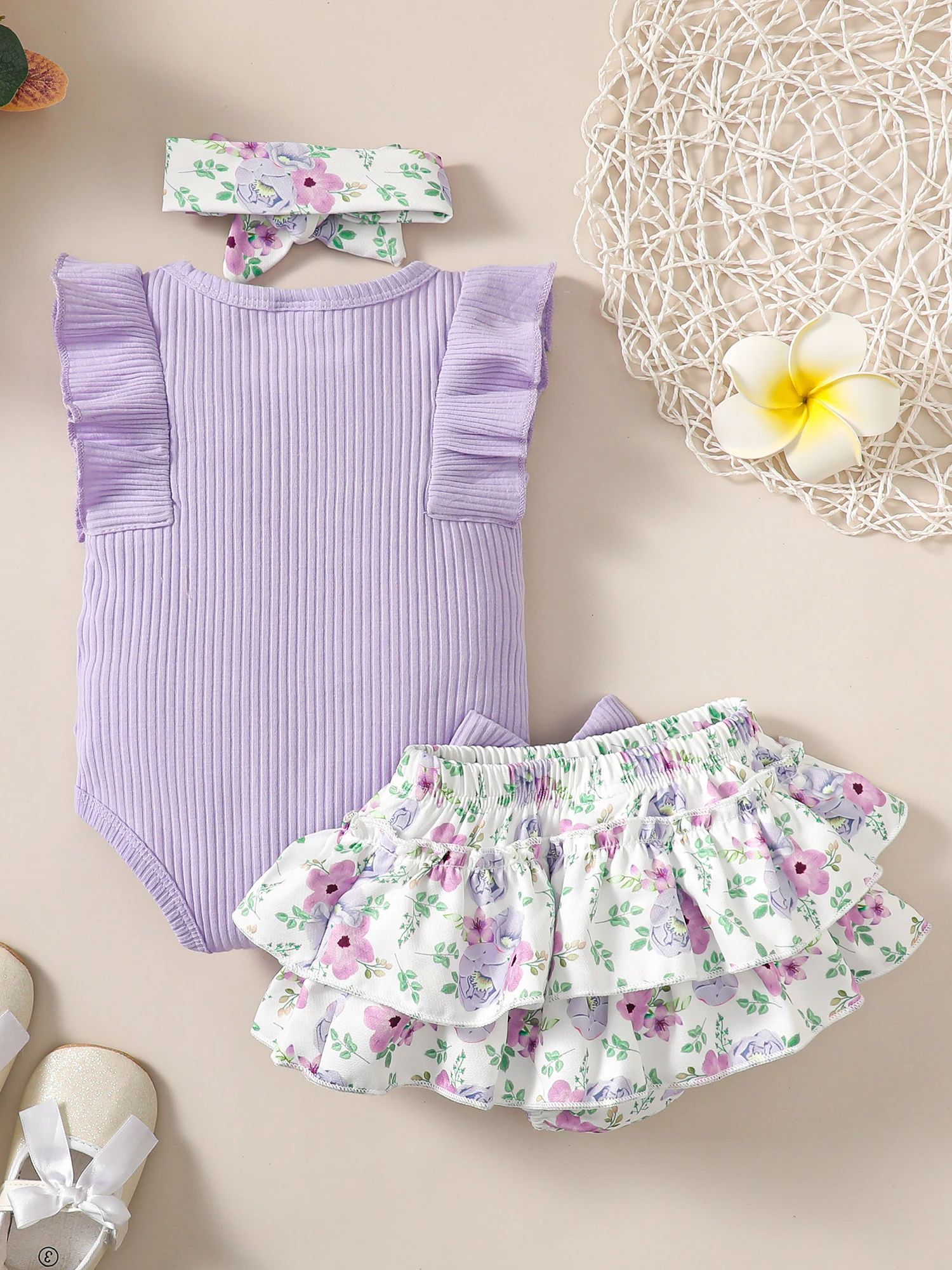 0-24-Month  baby  Girl  Headband  Pleated Sleeve Jumpsuit  And Floral Shorts    Baby Girl Clothing