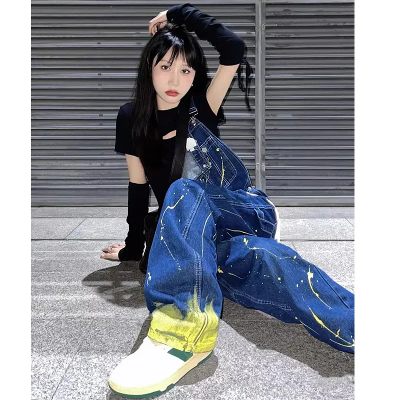 

Anti-Aging Design Sensation Splaed Ink Denim Overalls Women's Spring Autumn plus Size Loose Slimming Wide Leg Jumpsuit