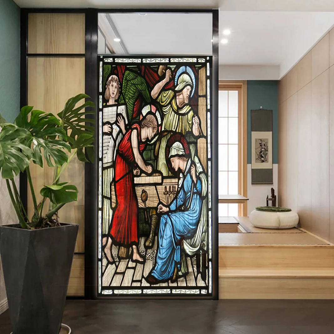 Church Stained Glass Decals Window Film Privacy Heat Insulation and Anti UV Blocking Static Cling Window Sticker for Home J41
